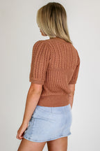 Knit Charm Round Neck Puff Short Sleeve Cable Sweater - Madison and Mallory