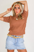 Knit Charm Round Neck Puff Short Sleeve Cable Sweater - Madison and Mallory