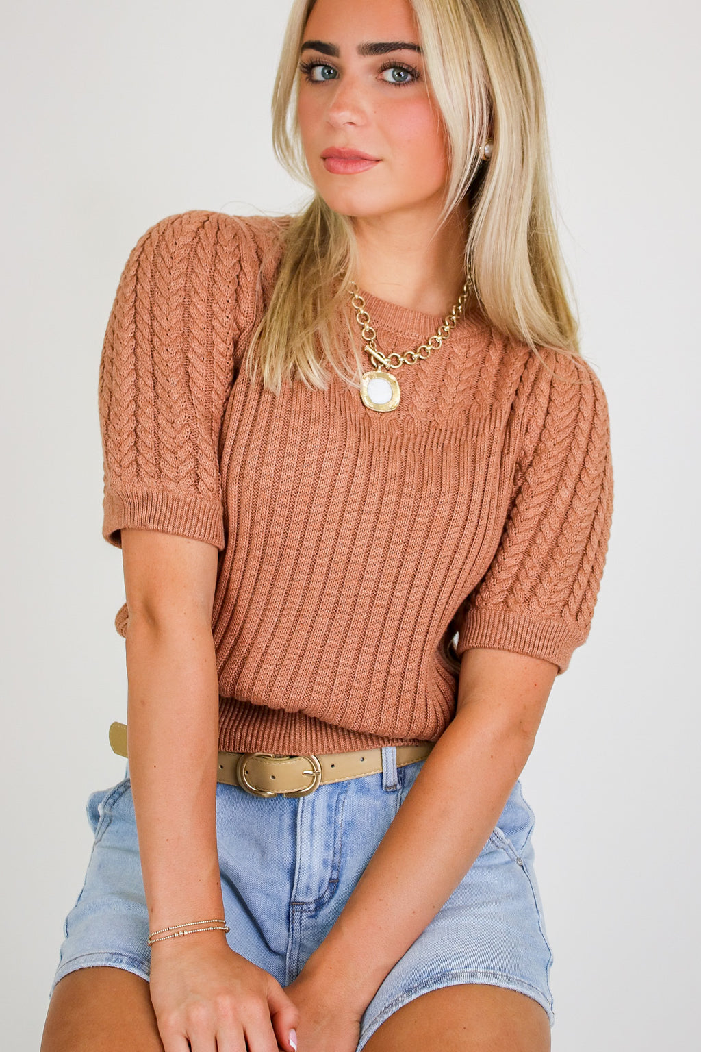 Cinnamon / S Knit Charm Round Neck Puff Short Sleeve Cable Sweater - Madison and Mallory