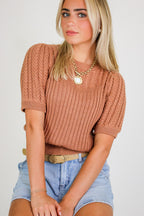 Cinnamon / S Knit Charm Round Neck Puff Short Sleeve Cable Sweater - Madison and Mallory