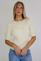 Knit Charm Round Neck Puff Short Sleeve Cable Sweater - Madison and Mallory