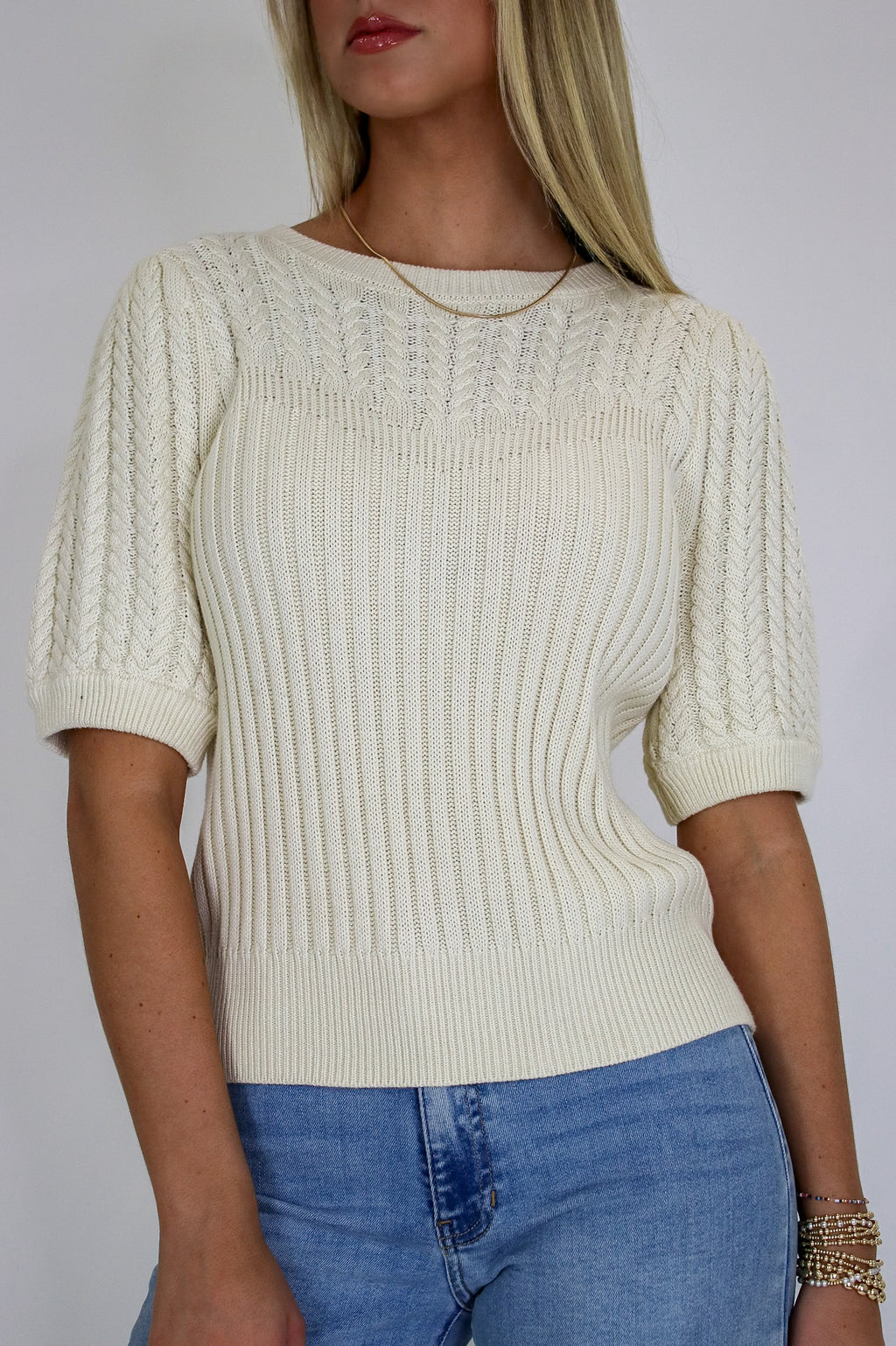 Knit Charm Round Neck Puff Short Sleeve Cable Sweater - Madison and Mallory