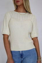 Knit Charm Round Neck Puff Short Sleeve Cable Sweater - Madison and Mallory