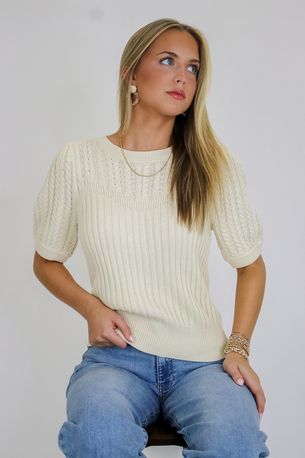 Cream / S Knit Charm Round Neck Puff Short Sleeve Cable Sweater - Madison and Mallory