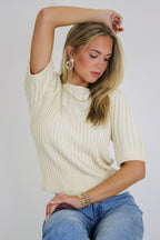 Knit Charm Round Neck Puff Short Sleeve Cable Sweater - Madison and Mallory