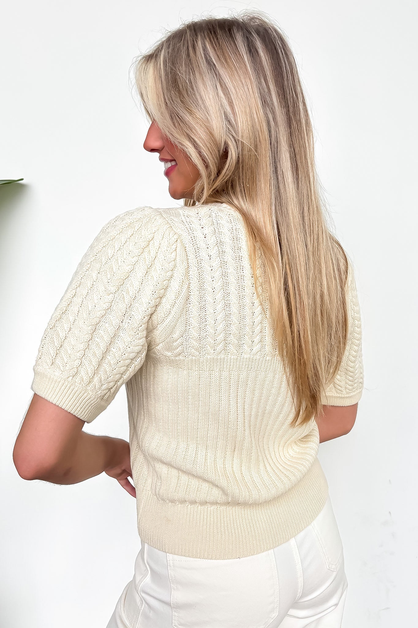 Knit Charm Round Neck Puff Short Sleeve Cable Sweater - Madison and Mallory