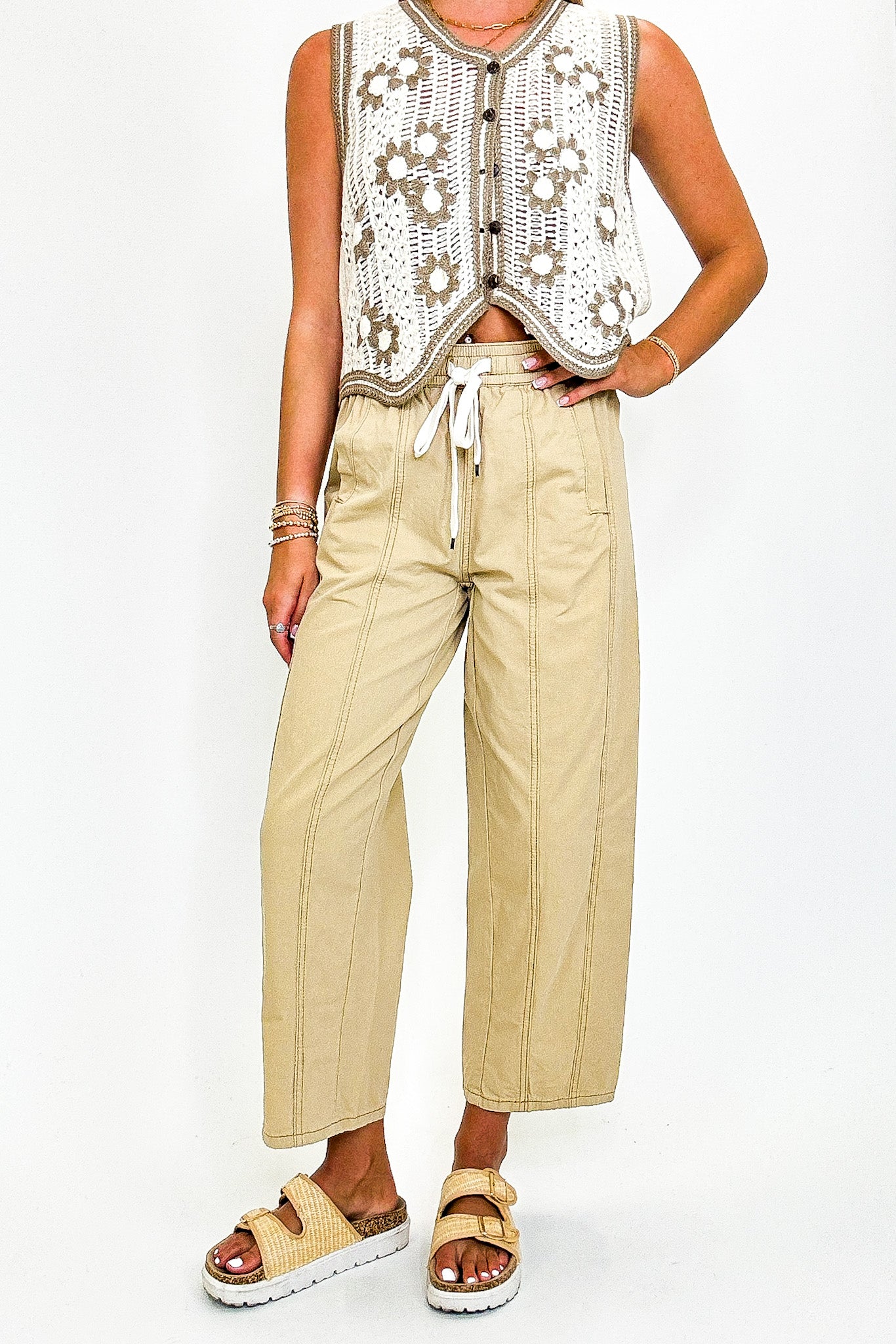 Tan / S Knotline Tie Waist Elastic Pants - Madison and Mallory
