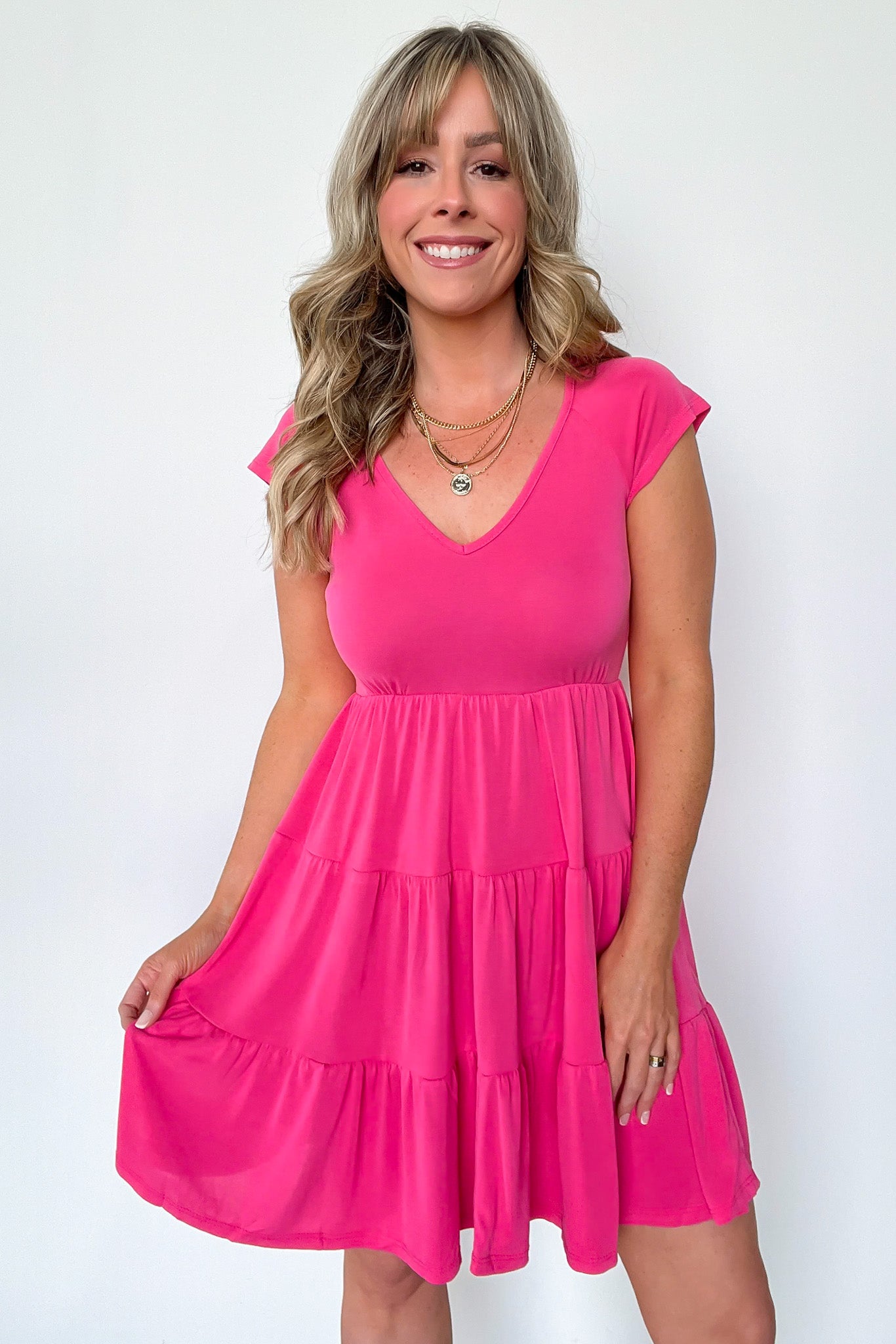Fuchsia / S Kristie V-Neck Cap Sleeve Tiered Dress - FINAL SALE - Madison and Mallory