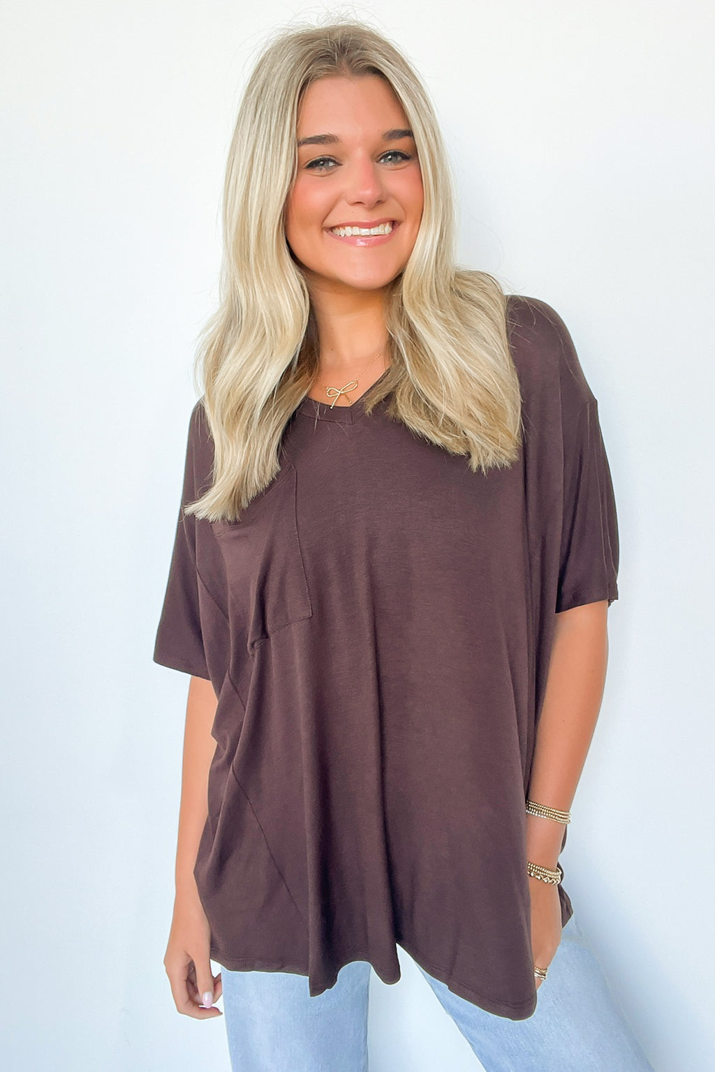 Brown / S Krystle V-Neck Front Pocket Top - Madison and Mallory