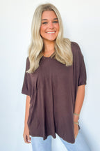 Brown / S Krystle V-Neck Front Pocket Top - Madison and Mallory