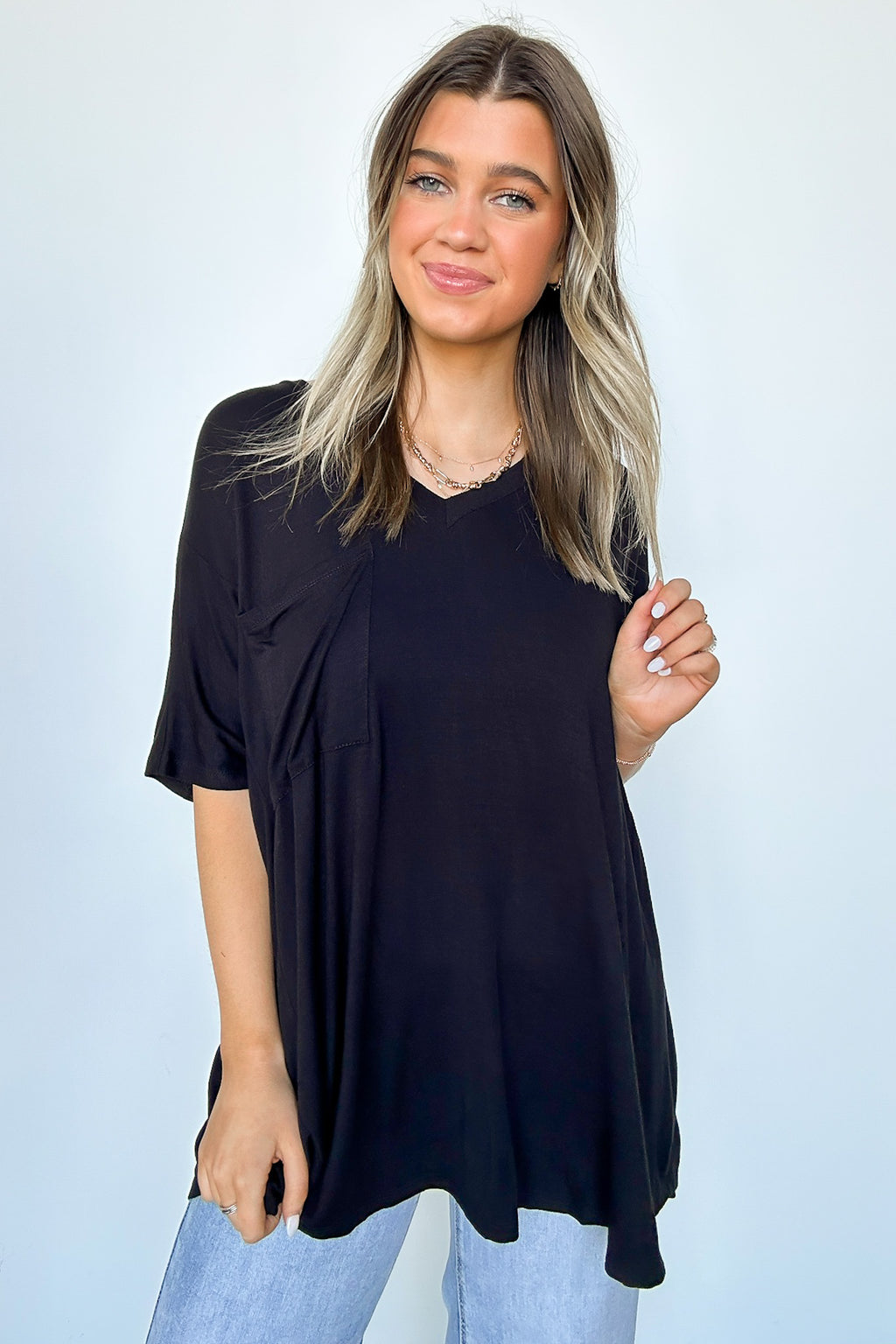 Black / S Krystle V-Neck Front Pocket Top - Madison and Mallory