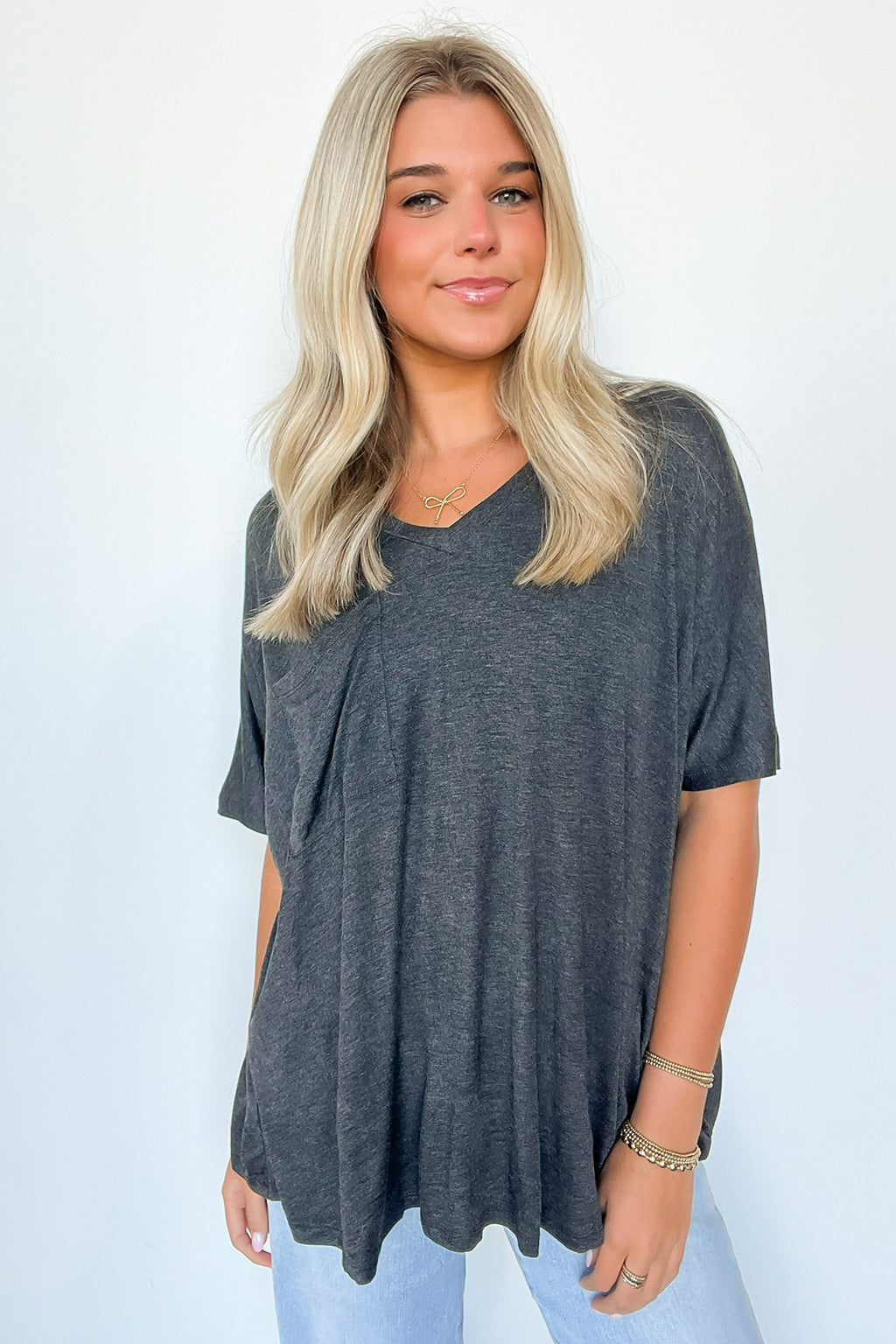 Charcoal / S Krystle V-Neck Front Pocket Top - Madison and Mallory