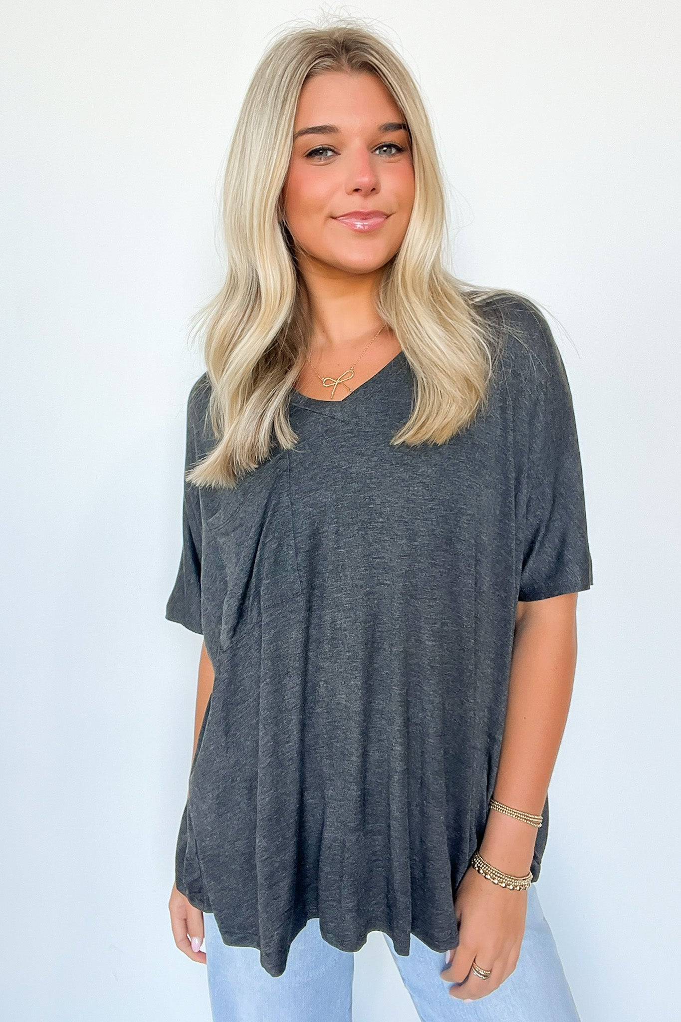 Charcoal / S Krystle V-Neck Front Pocket Top - Madison and Mallory