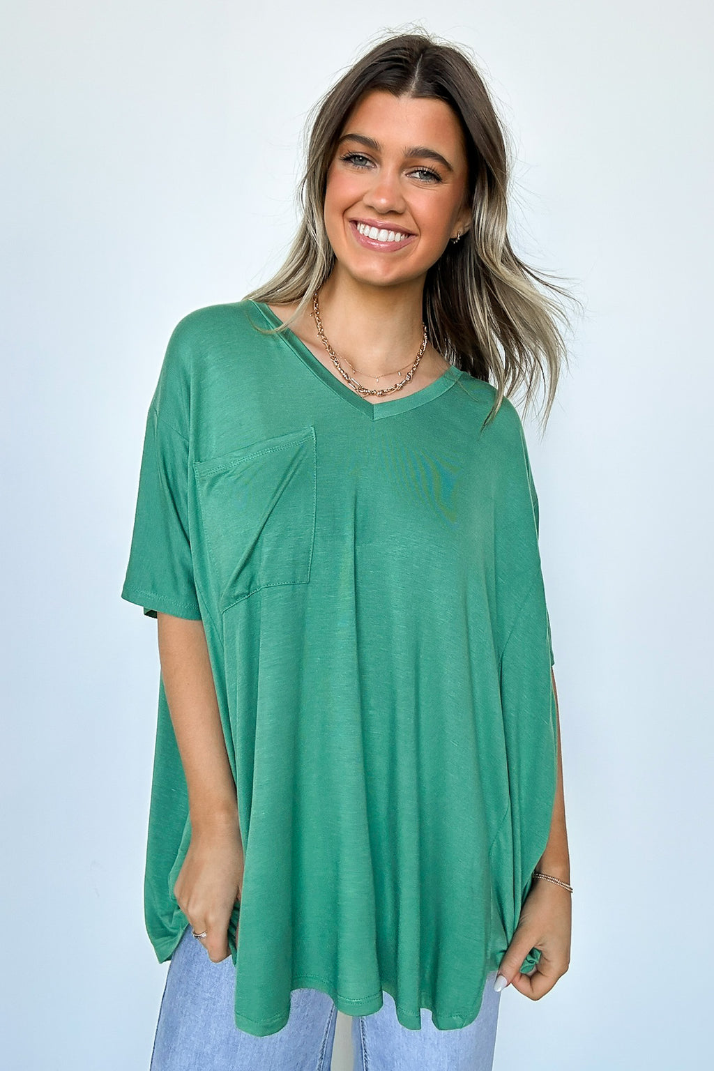 Dusty Green / S Krystle V-Neck Front Pocket Top - Madison and Mallory