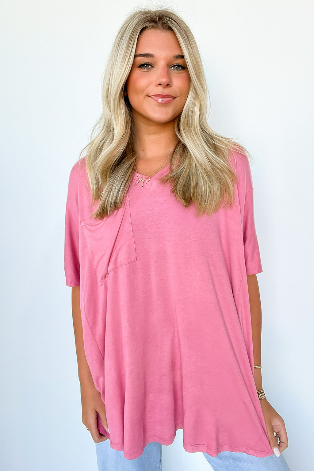 Rose / S Krystle V-Neck Front Pocket Top - Madison and Mallory
