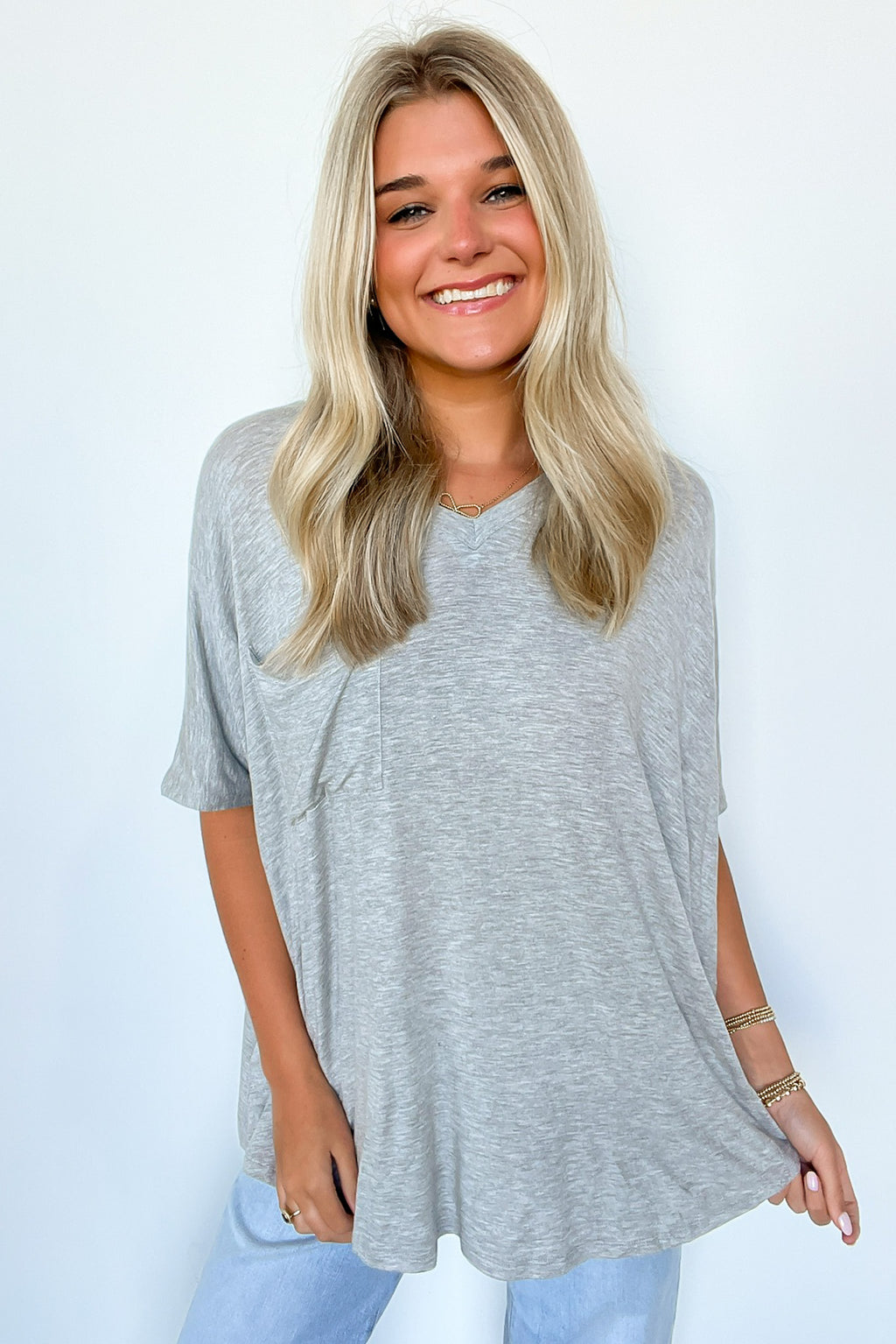 Heather Gray / S Krystle V-Neck Front Pocket Top - Madison and Mallory