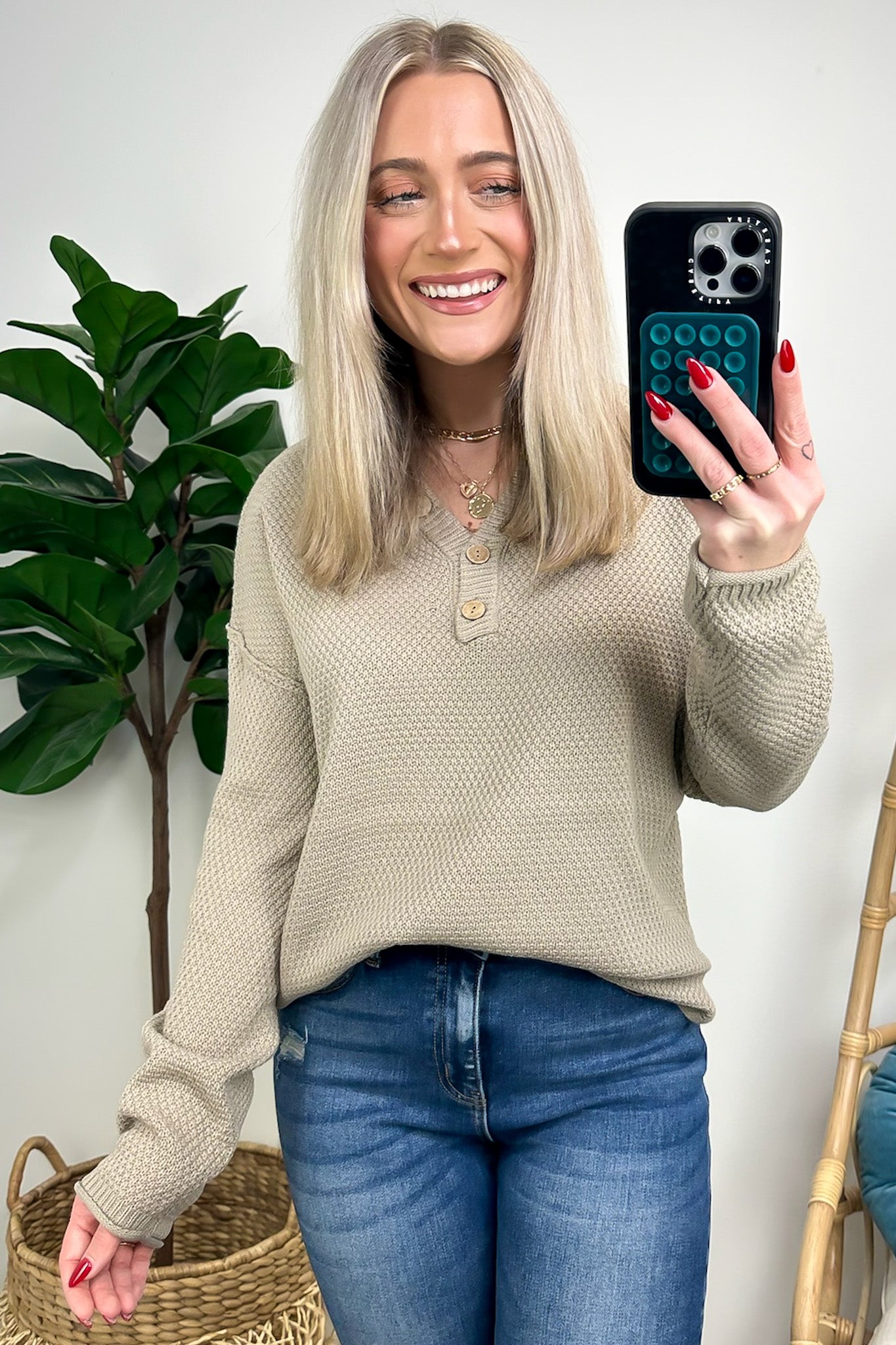 Light Mocha / SM Kyrie Button Henley Knit Sweater - FINAL SALE - Madison and Mallory