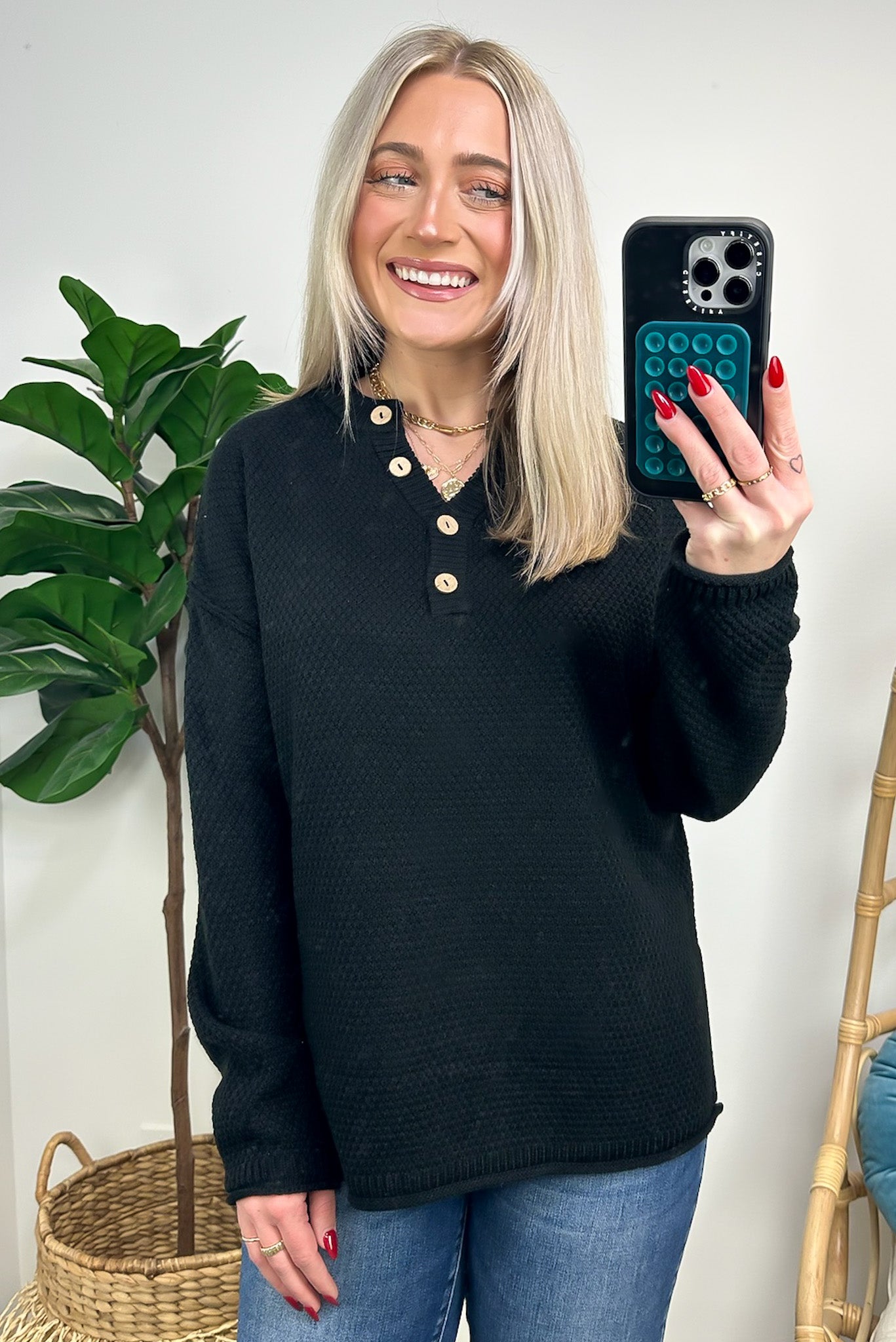 Black / SM Kyrie Button Henley Knit Sweater - FINAL SALE - Madison and Mallory