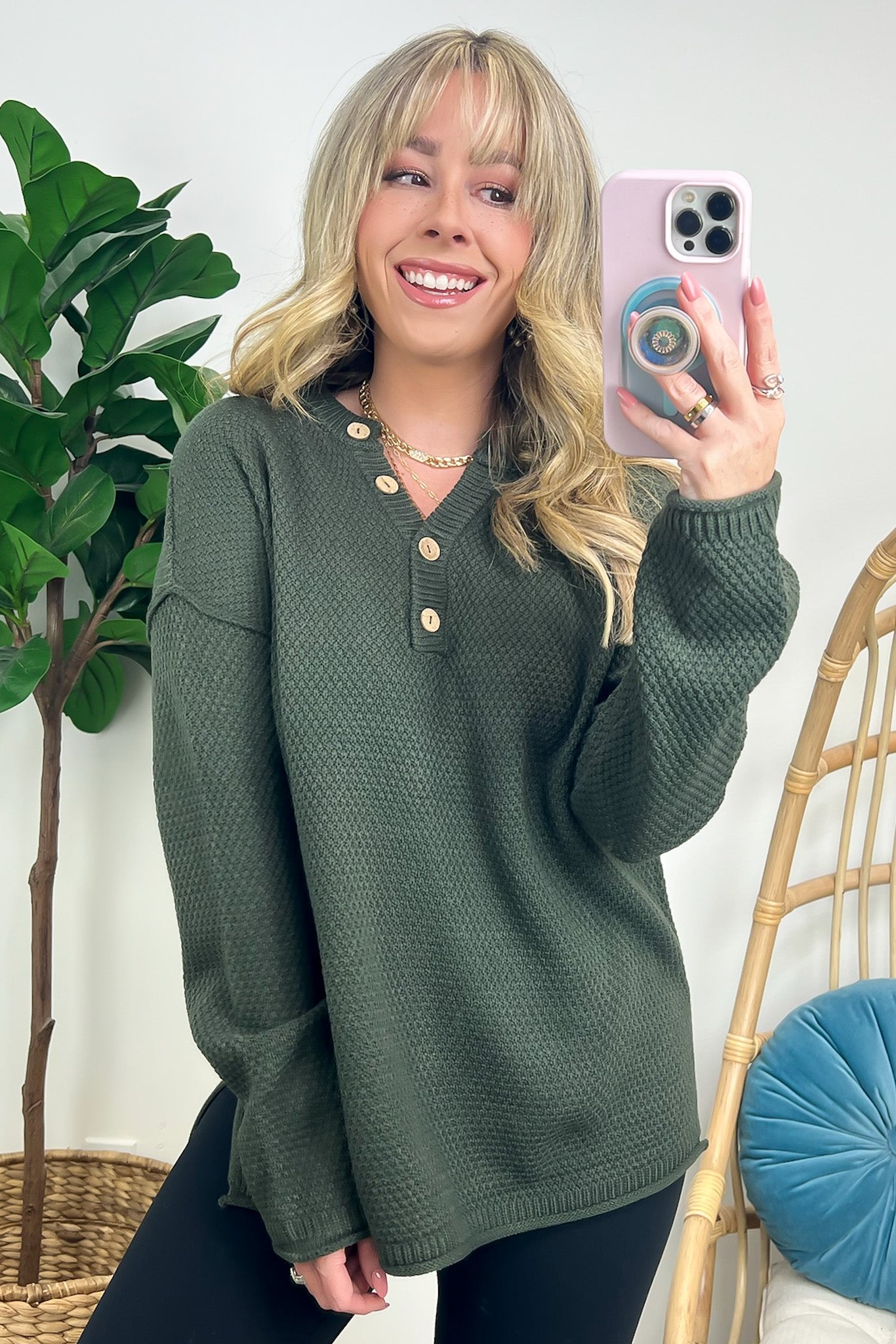  Kyrie Button Henley Knit Sweater - Madison and Mallory