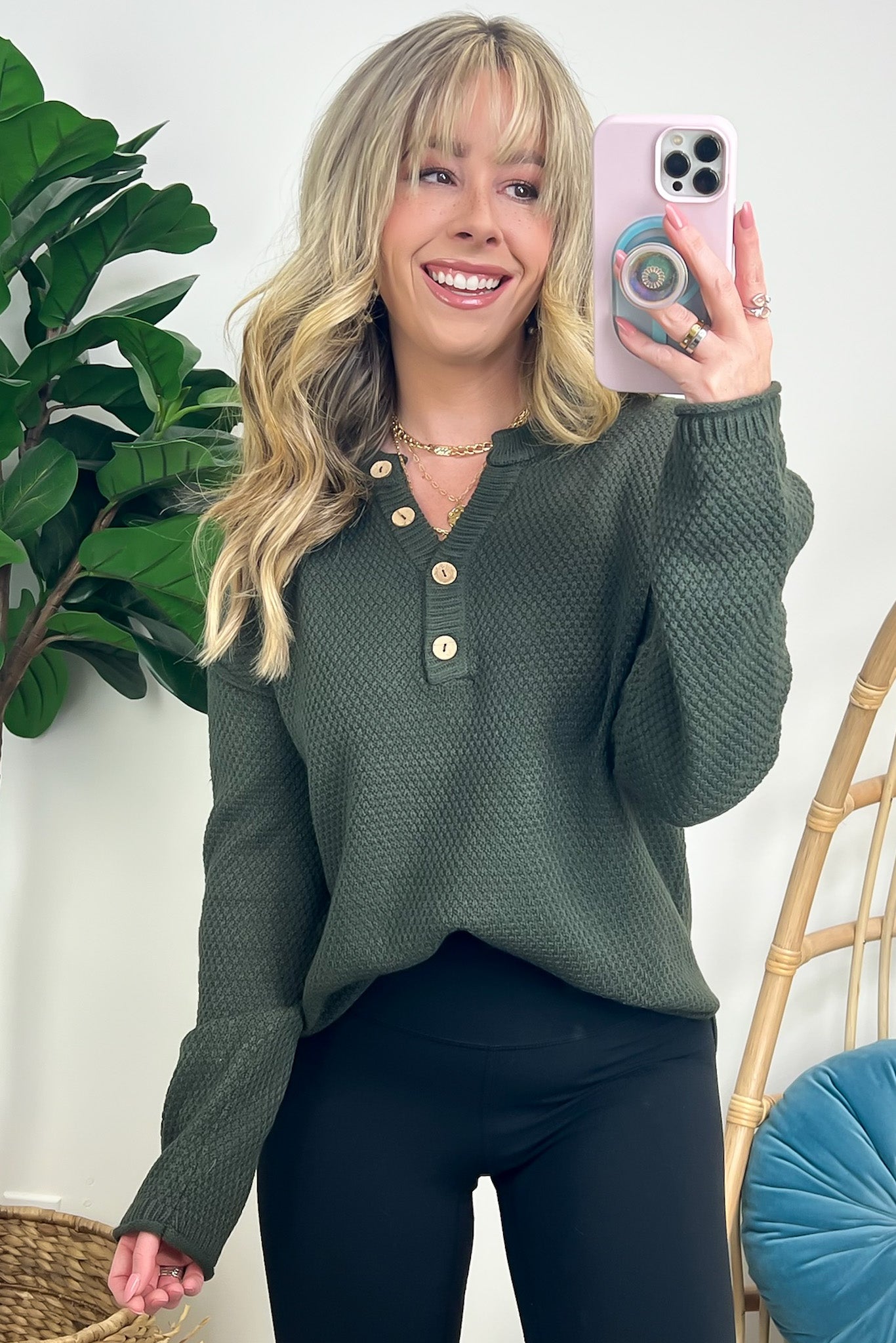 Dark Olive / SM Kyrie Button Henley Knit Sweater - Madison and Mallory