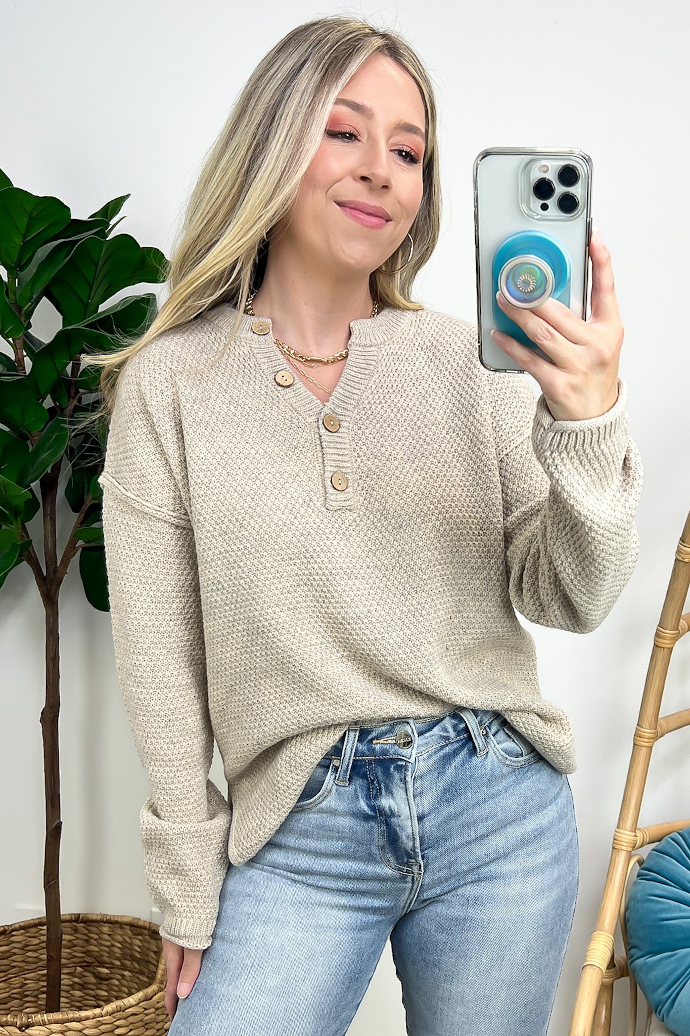Heather Beige / SM Kyrie Button Henley Knit Sweater - FINAL SALE - Madison and Mallory