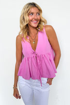 Fondant Pink / S Lace Charm Trim Tie Front Top - Madison and Mallory