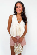 Off White / S Lace Charm Trim Tie Front Top - Madison and Mallory