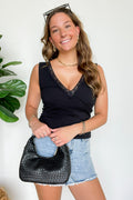 S / Black Laced In V-Neck Lace Trim Tank Top - FINAL SALE - Madison and Mallory