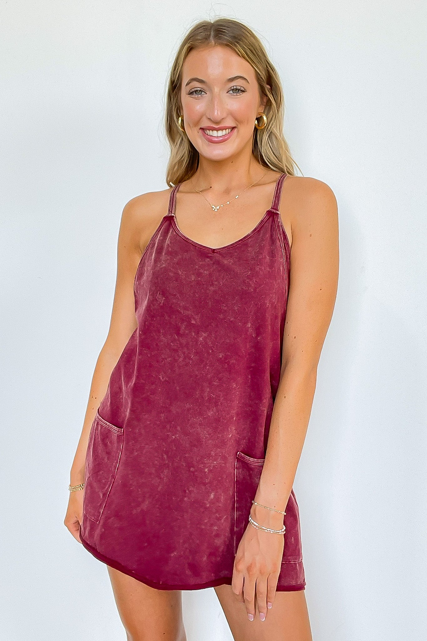 Cabernet / S Laid-Back Luxe Acid Wash Active Romper Dress - Madison and Mallory