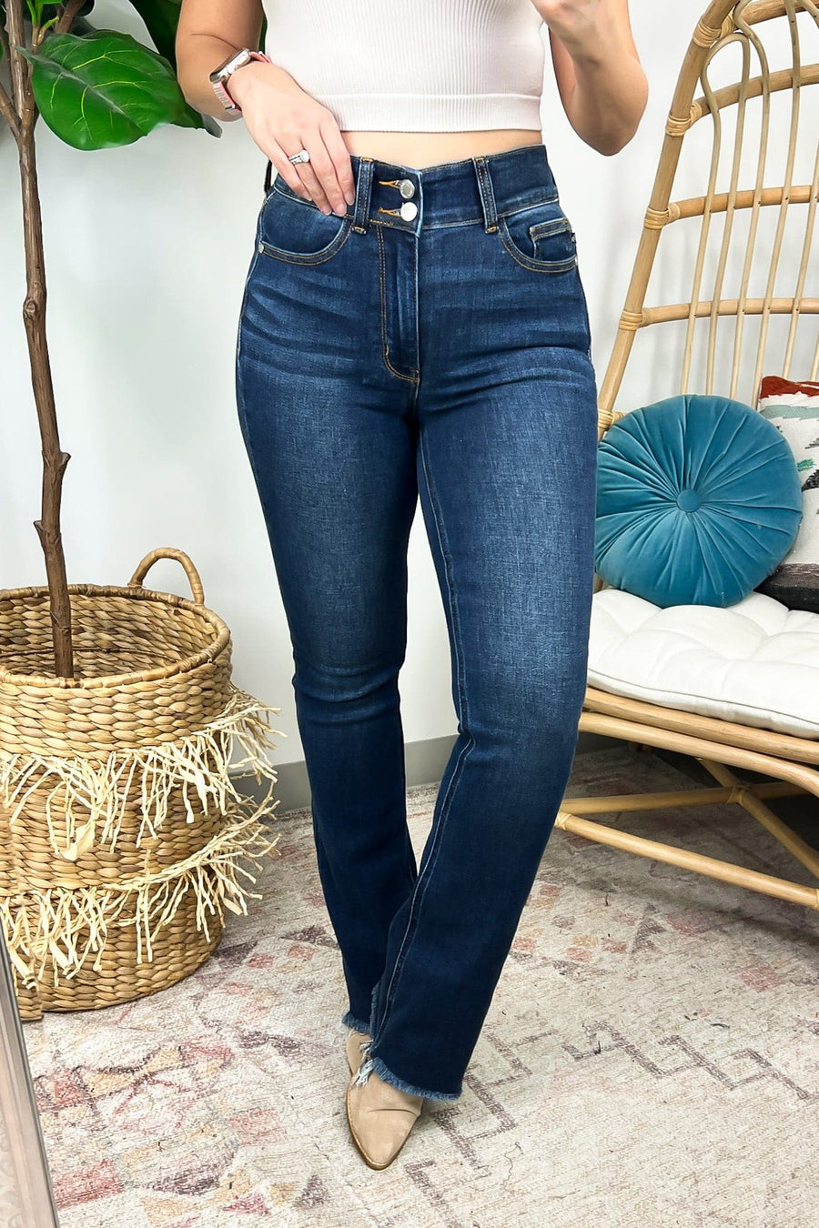 1 / Dark Larue High Waist Vintage Frayed Hem Bootcut Jeans - JUDY BLUE - Madison and Mallory