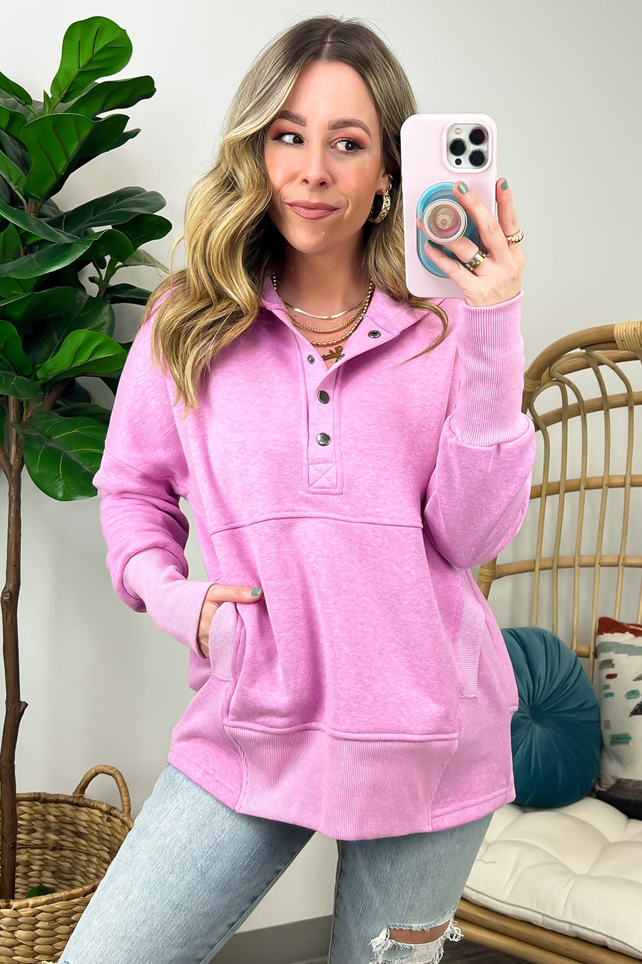 Heather Mauve / S Latte Lover Button Hooded Pullover - FINAL SALE - Madison and Mallory