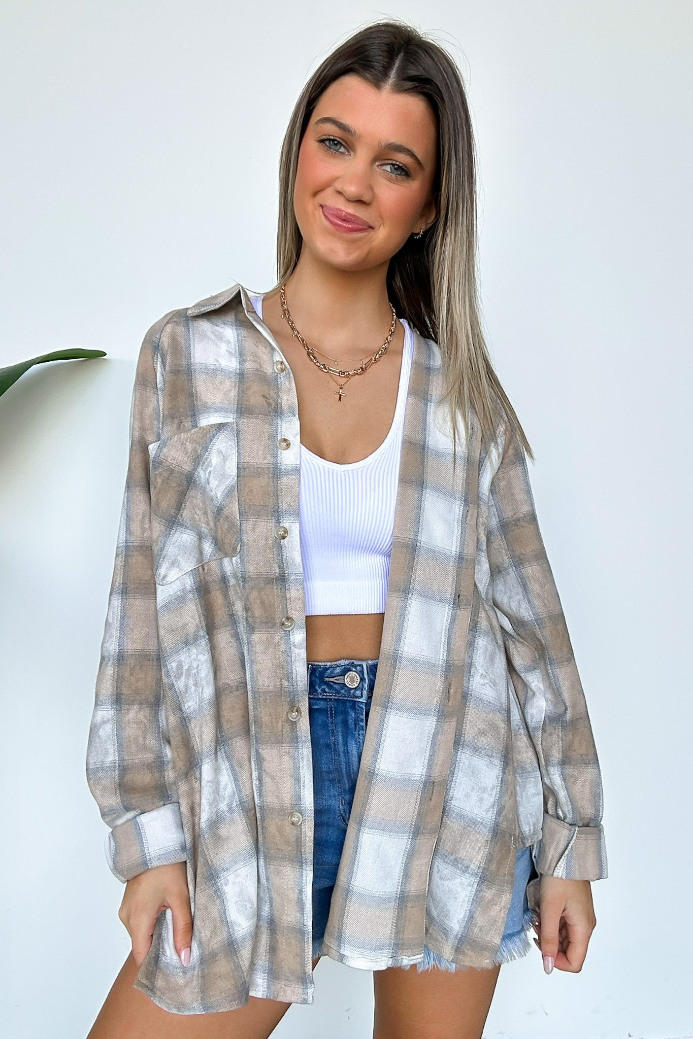 S / Oat Laura Washed Plaid Flannel Button Down Top - Madison and Mallory