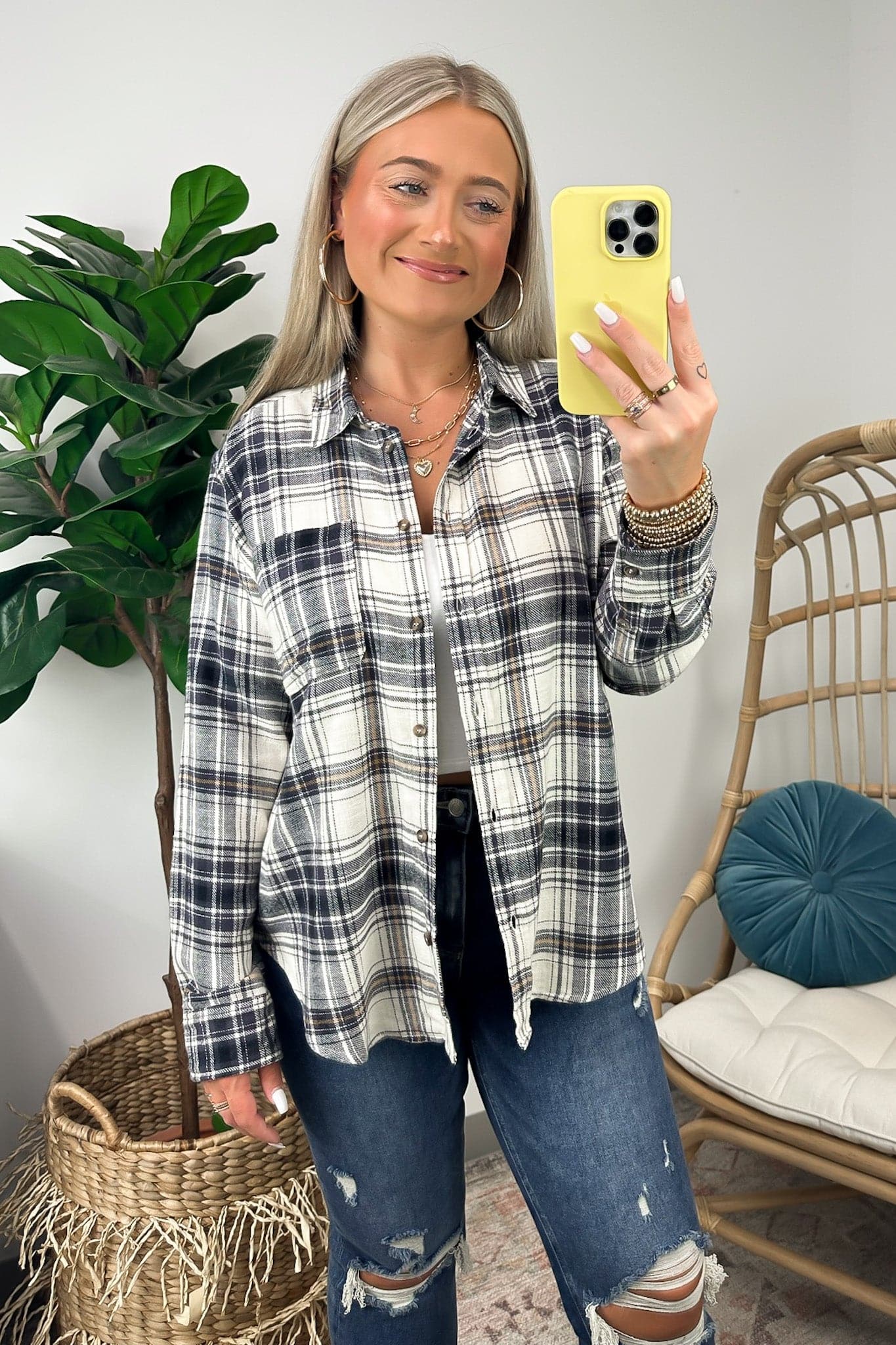 Black / S Lavera Plaid Long Sleeve Button Down Flannel Top - FINAL SALE - Madison and Mallory