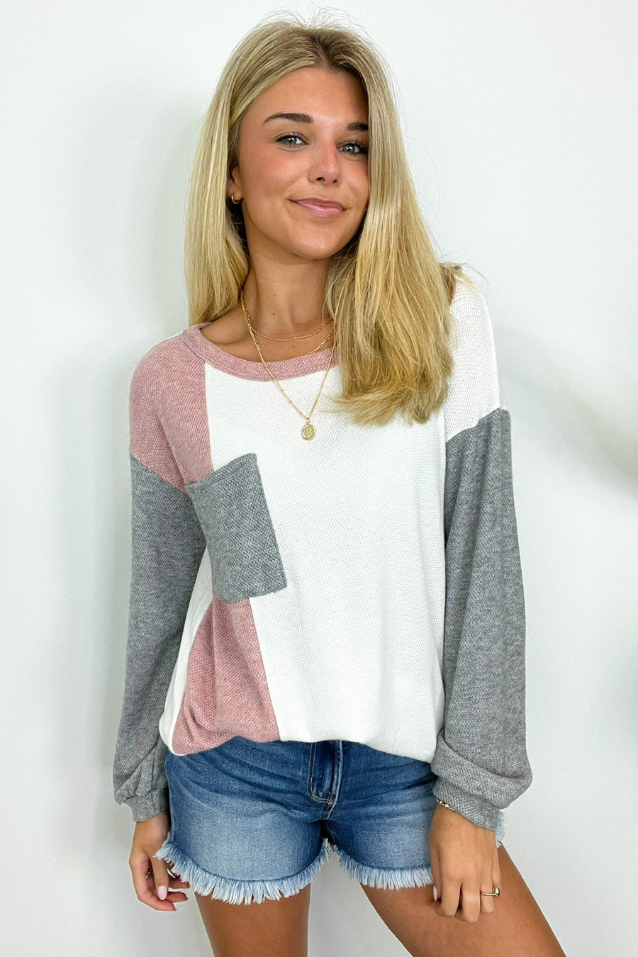 S / Ivory/Gray/Mauve Layton Color Block Pocket Top - FINAL SALE - Madison and Mallory