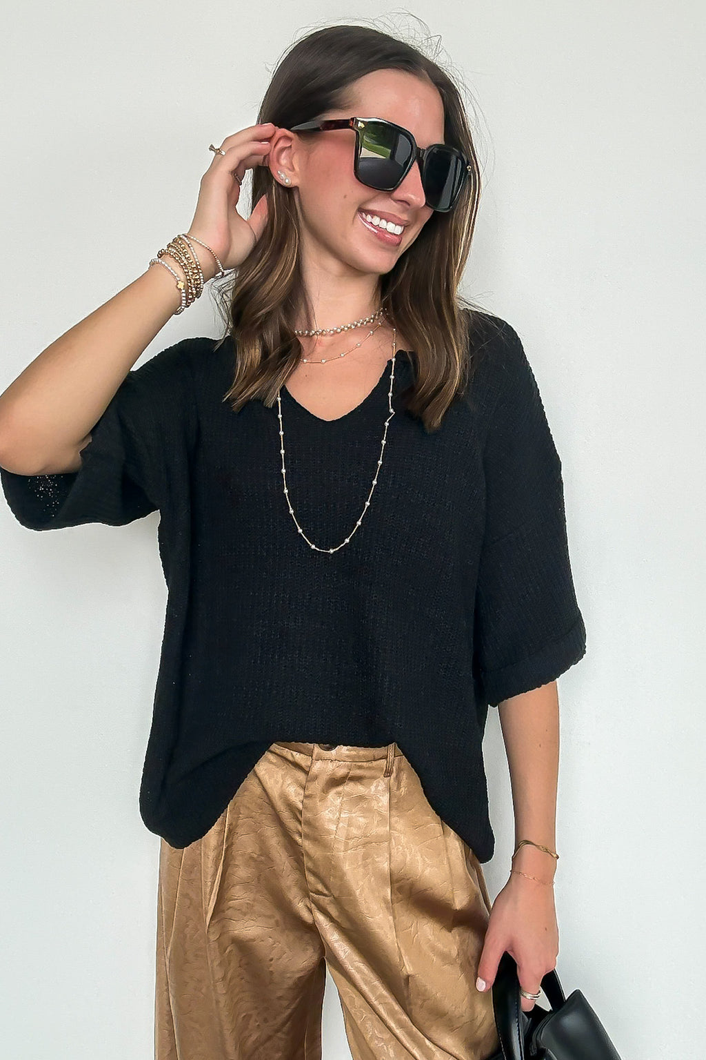 Black / S Leisurely Moments Notch Neck Comfy Knit Top - Madison and Mallory