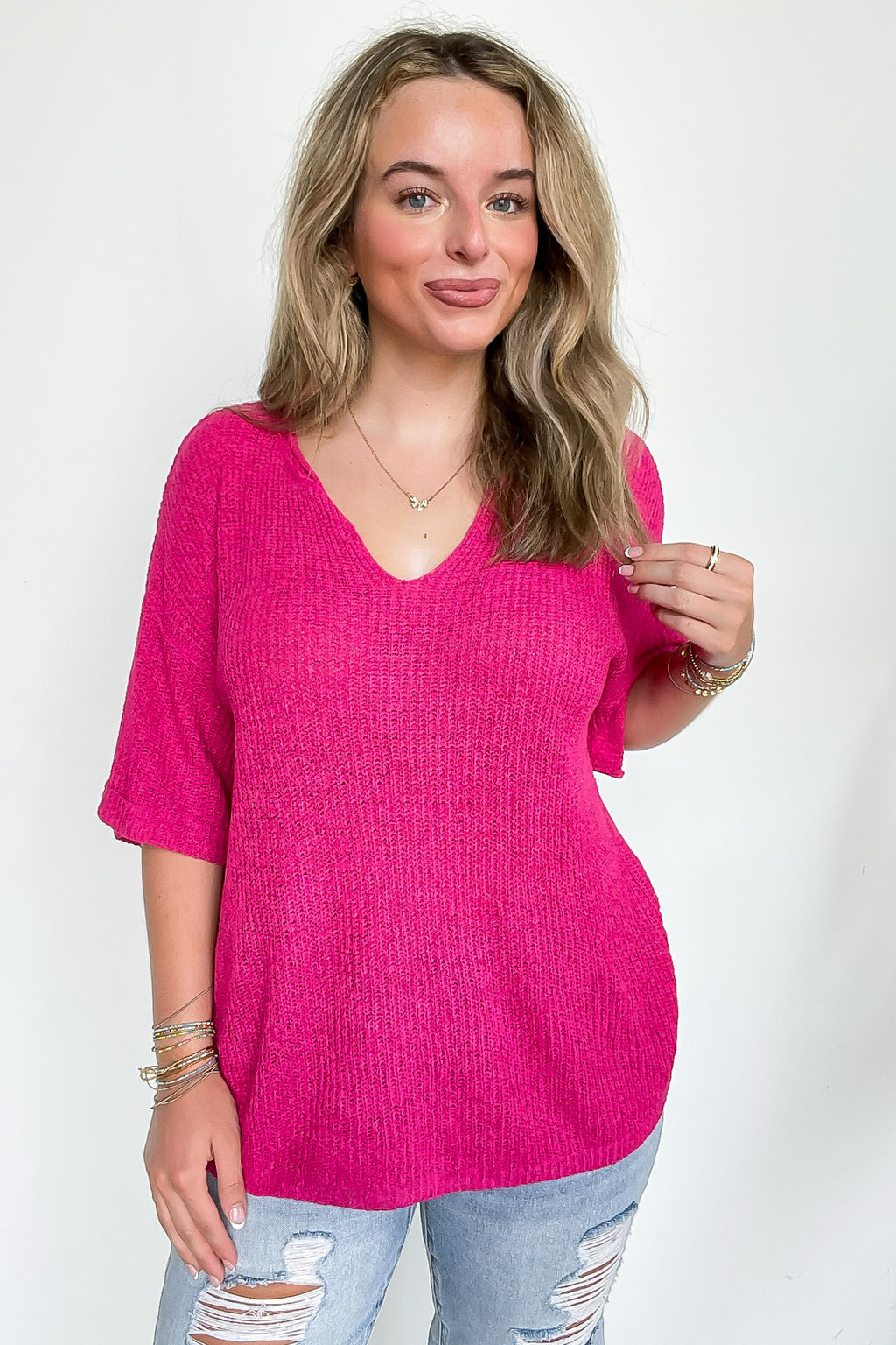 Fuchsia / S Leisurely Moments Notch Neck Comfy Knit Top - Madison and Mallory
