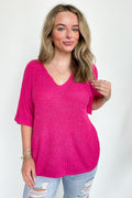 Fuchsia / S Leisurely Moments Notch Neck Comfy Knit Top - Madison and Mallory