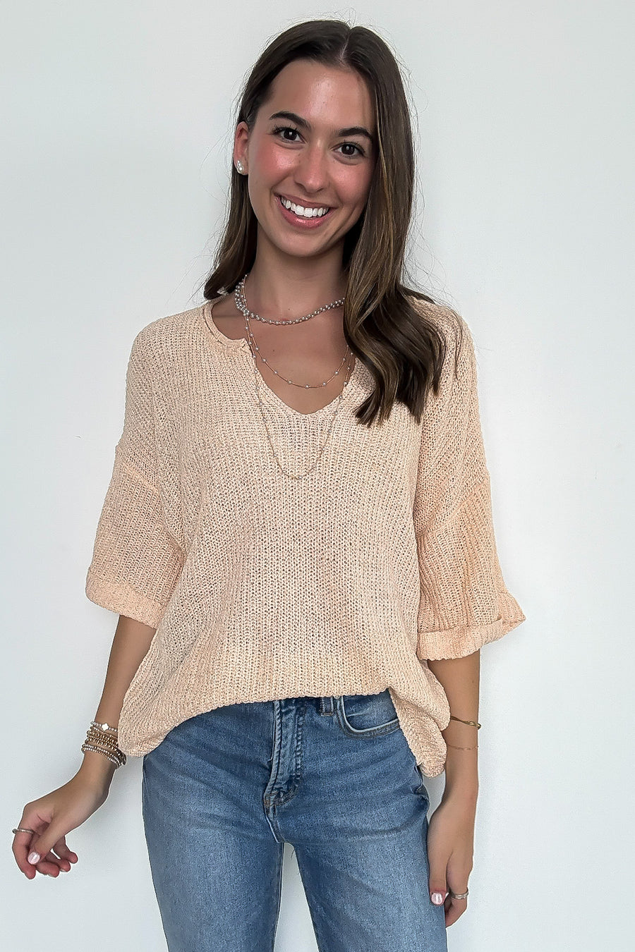 Peach / S Leisurely Moments Notch Neck Comfy Knit Top - Madison and Mallory