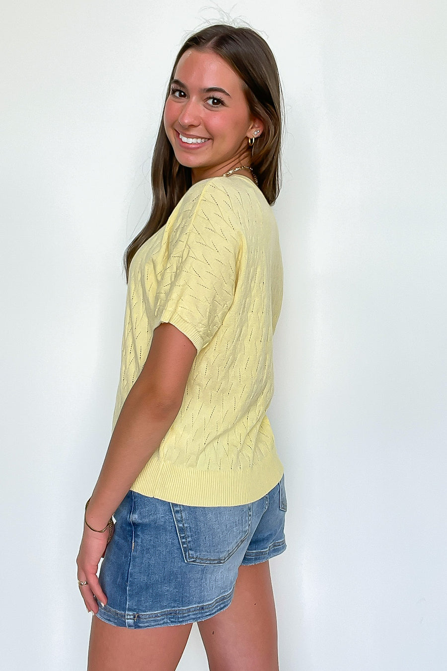 Lemon Drop Pointelle Knit Short Sleeve Top - Madison and Mallory