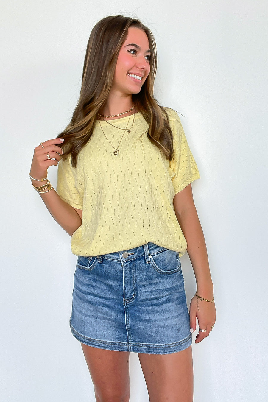 S / Lemon Lemon Drop Pointelle Knit Short Sleeve Top - Madison and Mallory