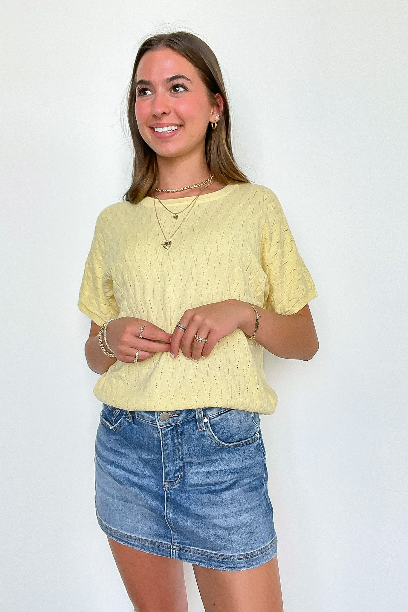 Limoncello Pointelle Knit Short Sleeve Top - Madison and Mallory
