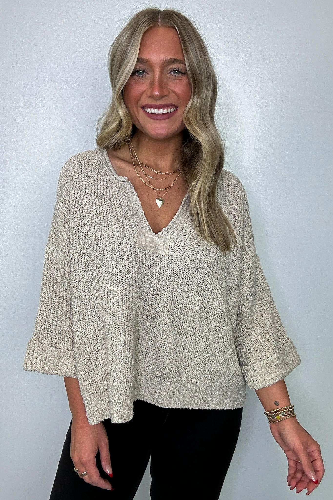  Leonie V-Neck Patch Knit Pullover - BACK IN STOCK - Madison and Mallory