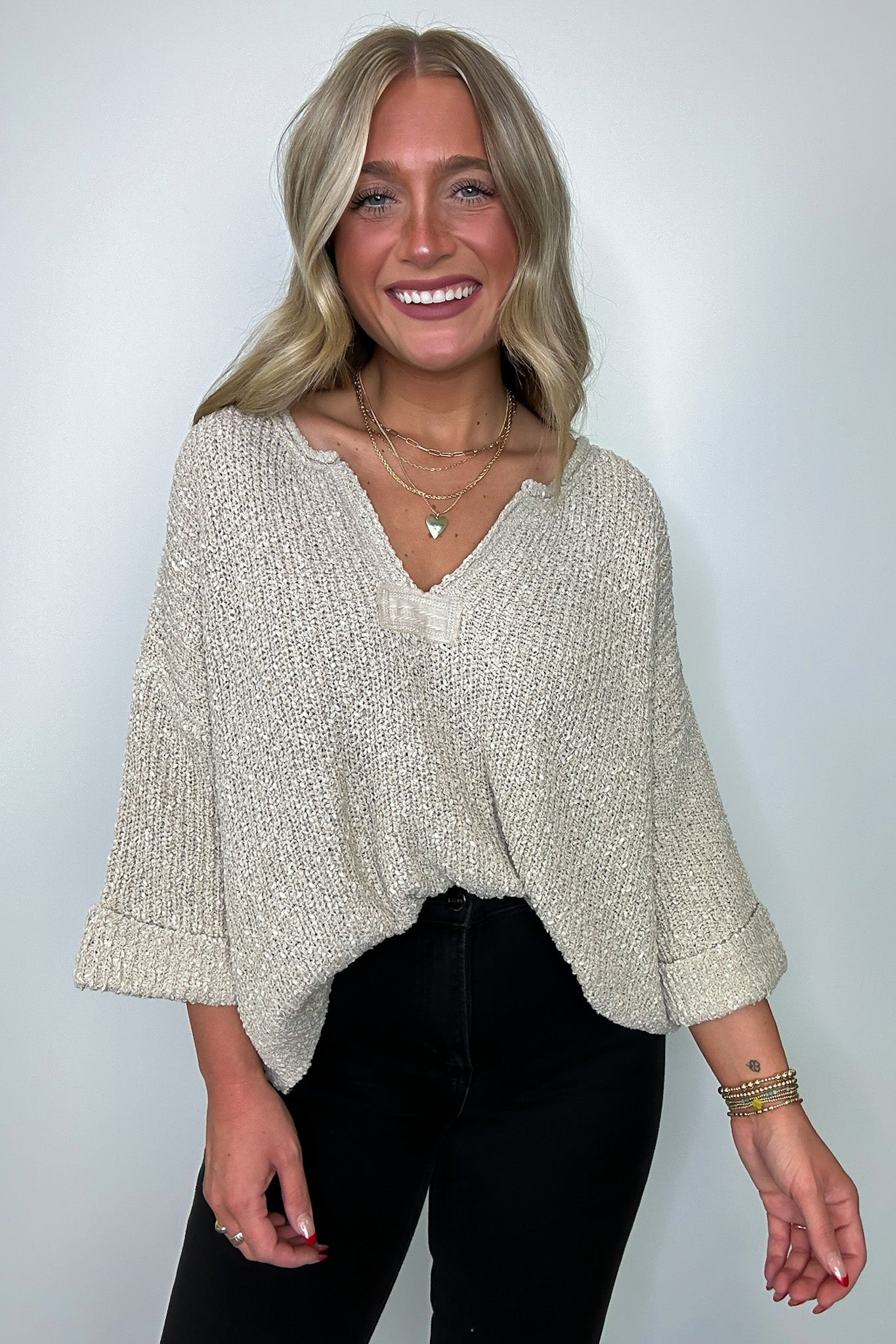  Leonie V-Neck Patch Knit Pullover - BACK IN STOCK - Madison and Mallory