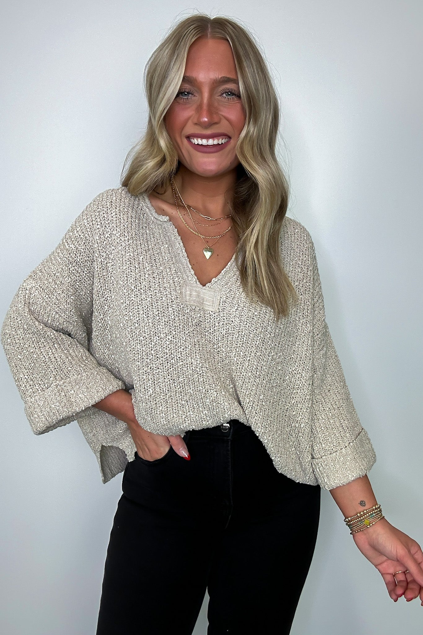 Heather Mocha / SM Leonie V-Neck Patch Knit Pullover - BACK IN STOCK - Madison and Mallory