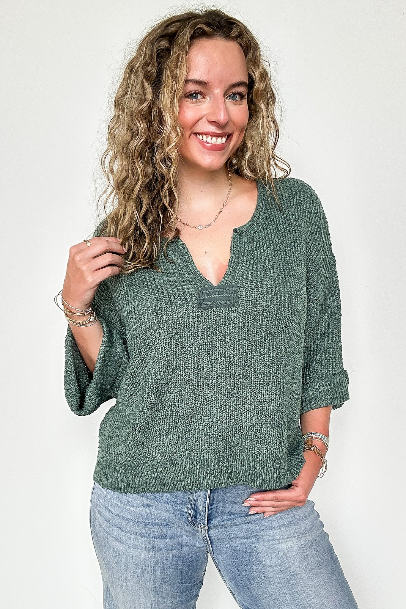 Leonie V-Neck Patch Knit Pullover - BACK IN STOCK