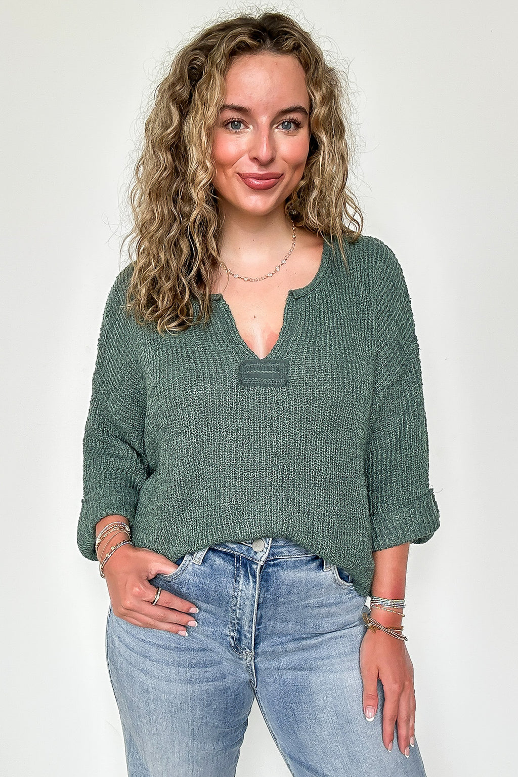 Leonie V-Neck Patch Knit Pullover - BACK IN STOCK