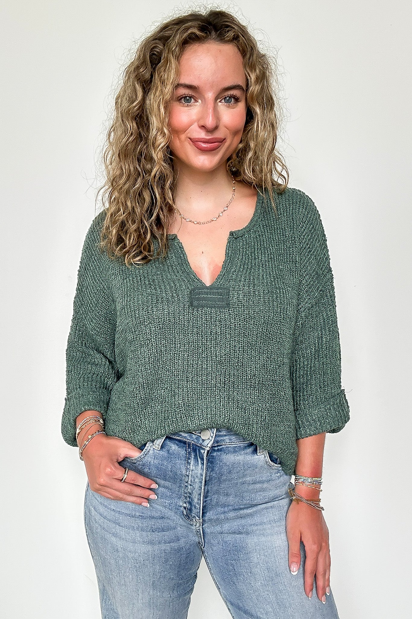 Leonie V-Neck Patch Knit Pullover - BACK IN STOCK