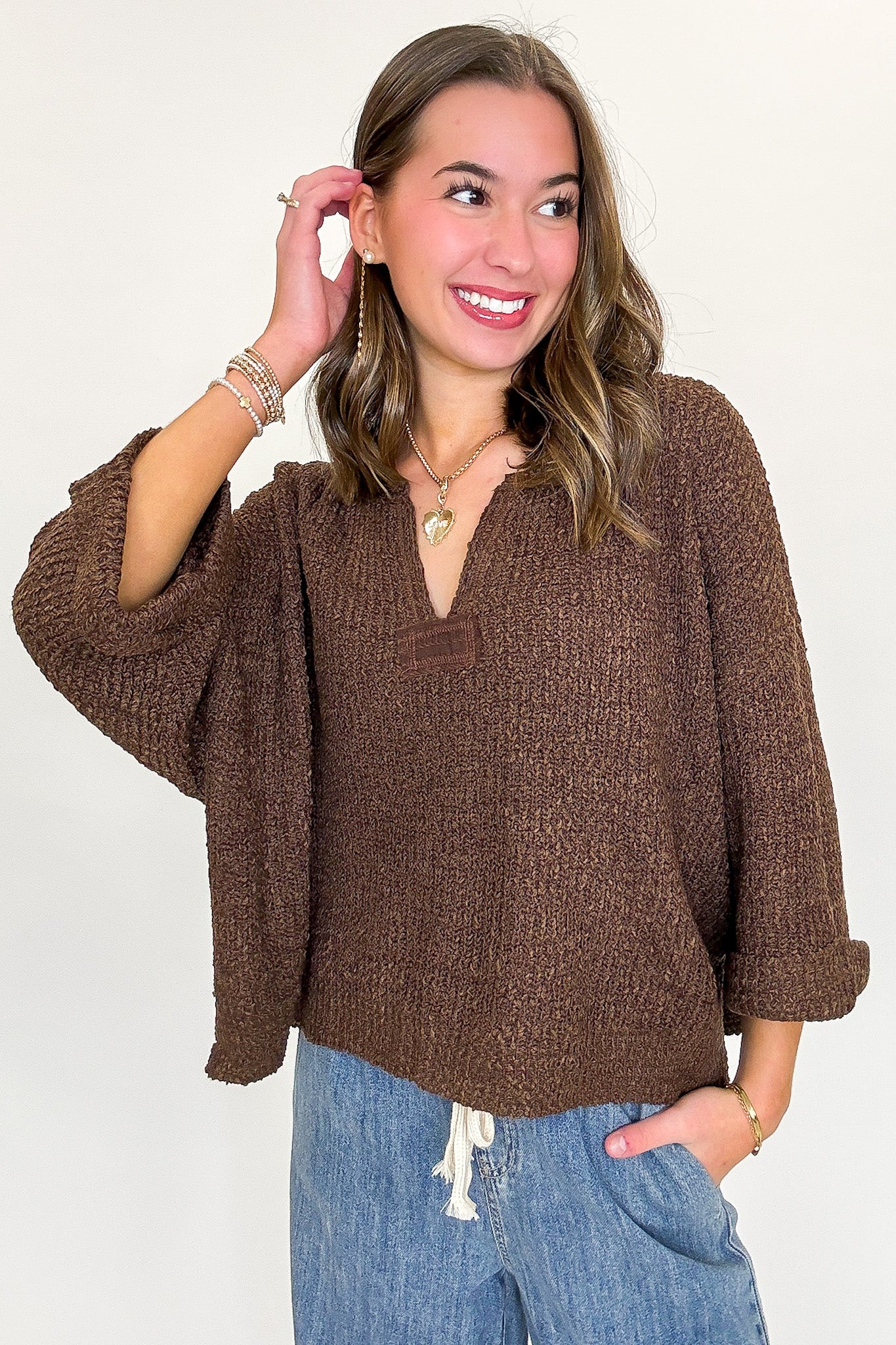 Leonie V-Neck Patch Knit Pullover - BACK IN STOCK