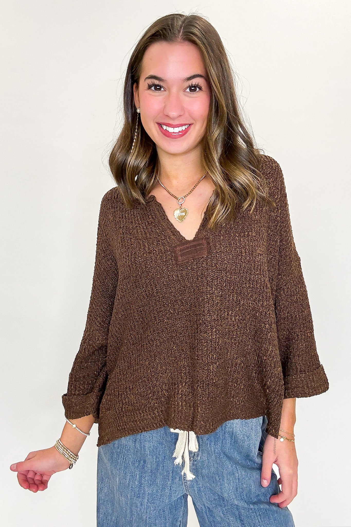 Leonie V-Neck Patch Knit Pullover - BACK IN STOCK