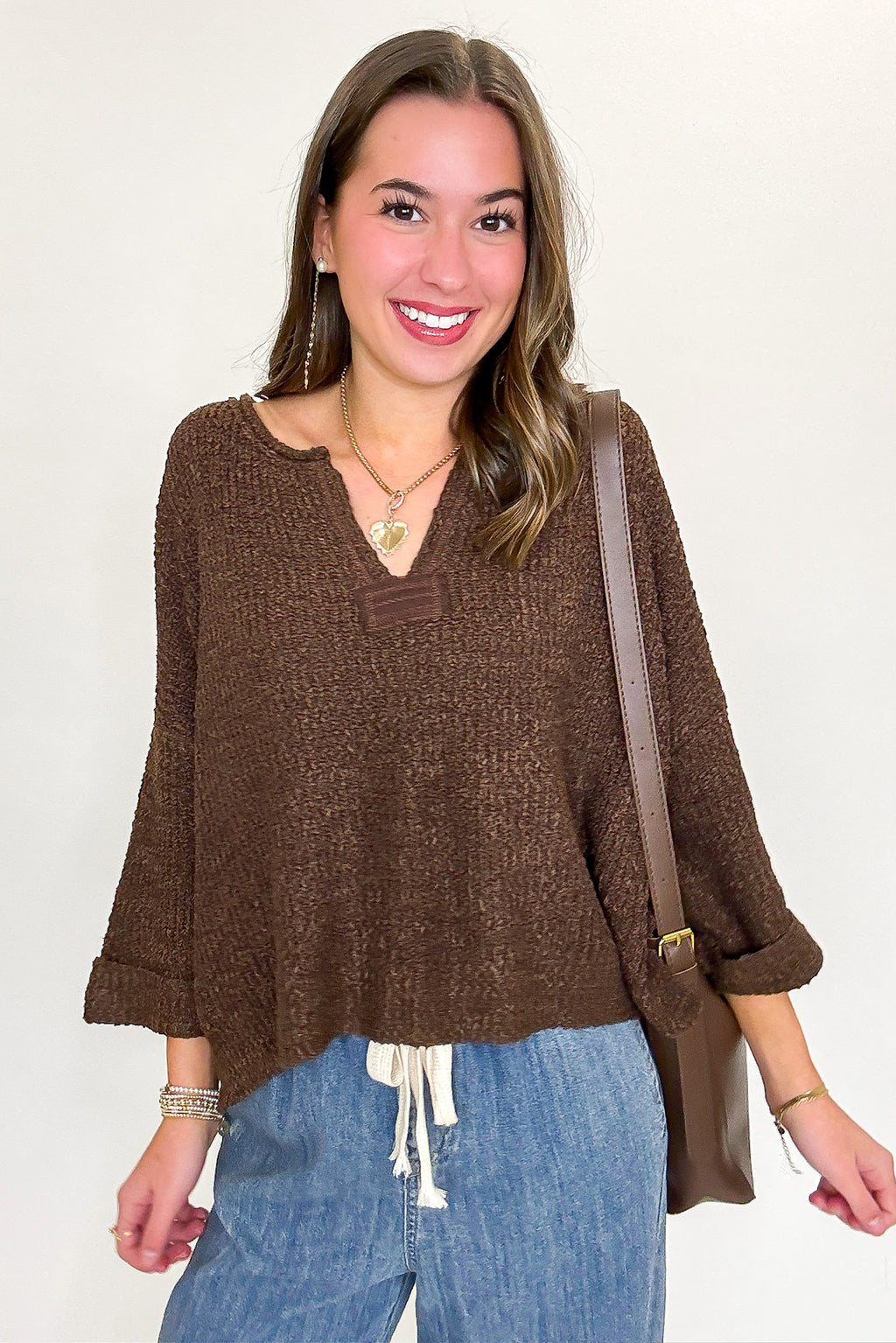 Brown / SM Leonie V-Neck Patch Knit Pullover - Madison and Mallory